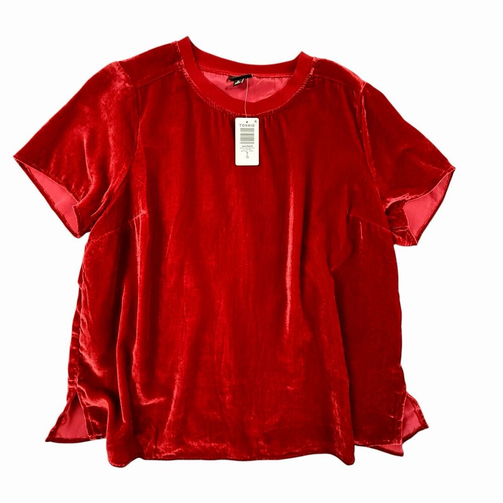 NEW Torrid Velvet Crew Neck Top Women Large 0 12 Jester Red Short Sleeve T-Shirt